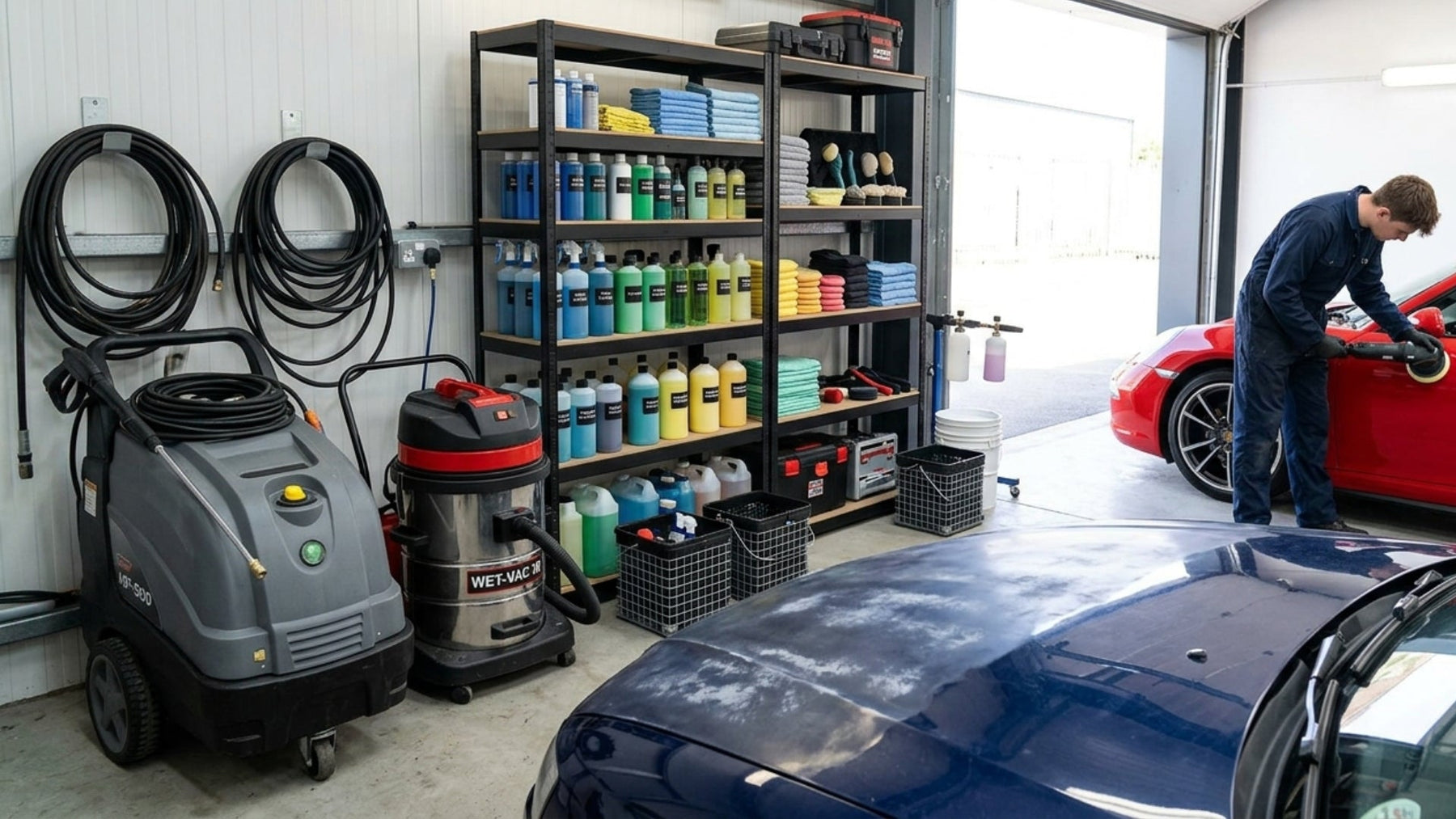 Professional Valeting Equipment Setup With Pressure Washer And Cleaning Chemicals