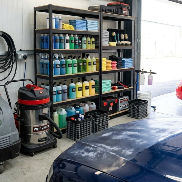Professional Valeting Equipment Setup With Pressure Washer And Cleaning Chemicals