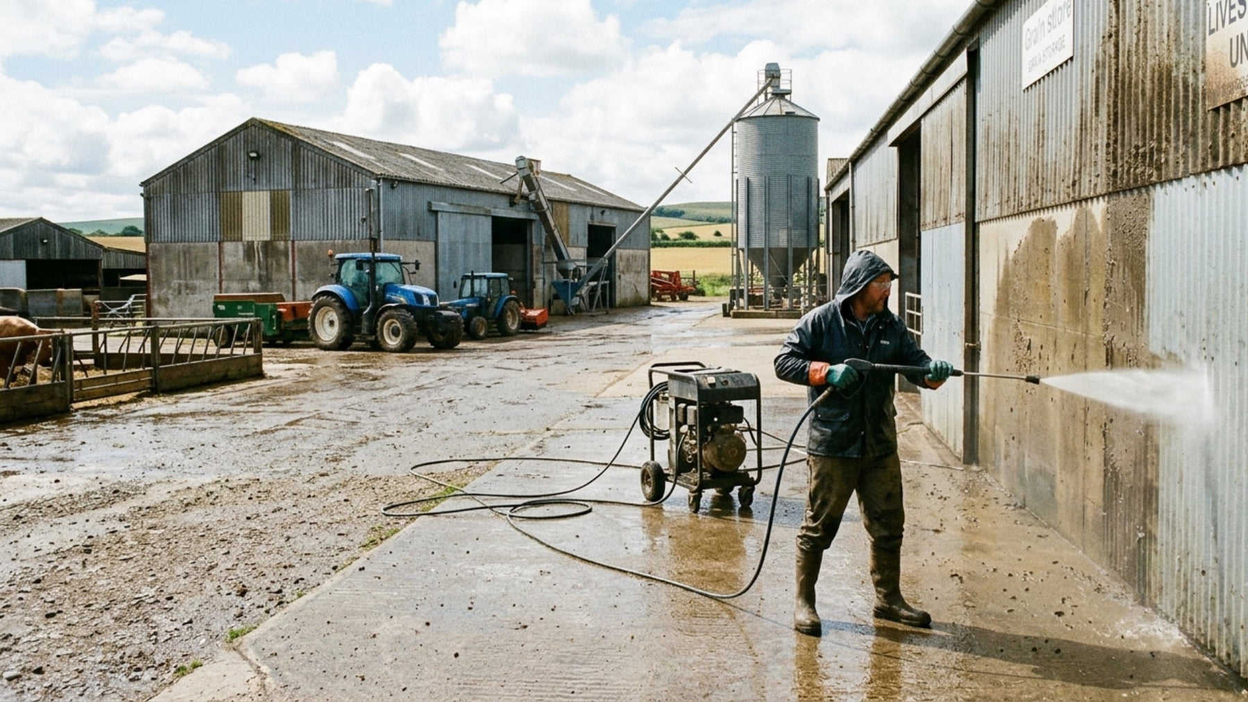 Pressure Washing Livestock Sheds and Grain Stores on a Farm