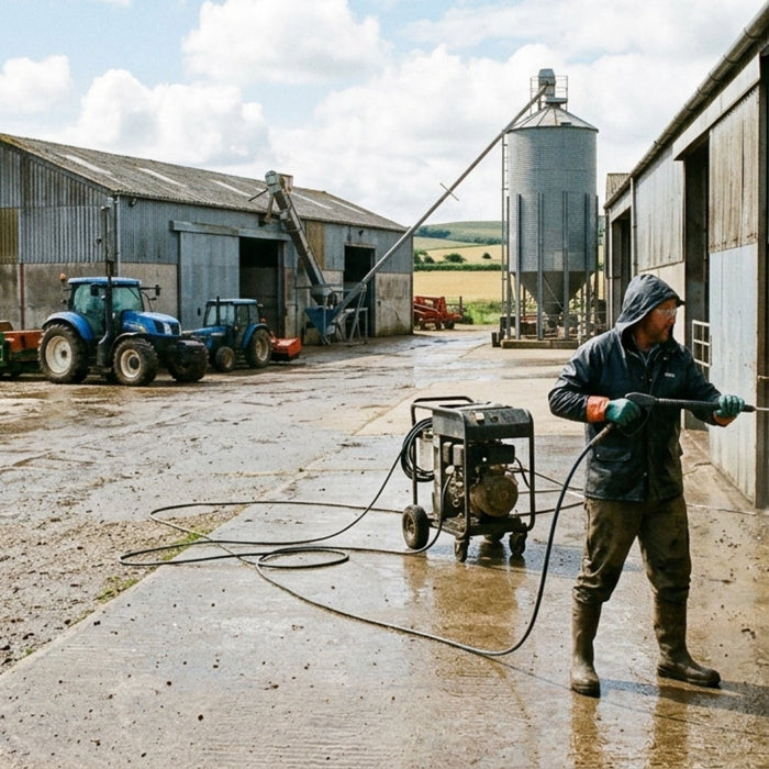Pressure Washing Livestock Sheds and Grain Stores on a Farm