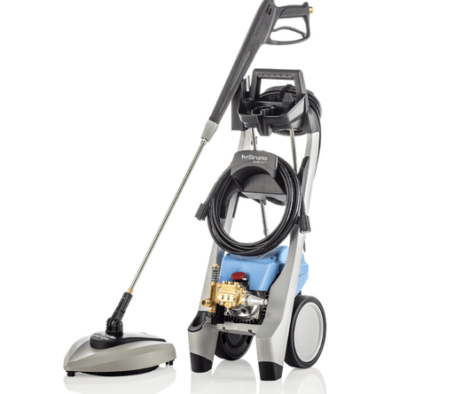 High-pressure washer with hose and nozzle on a white background